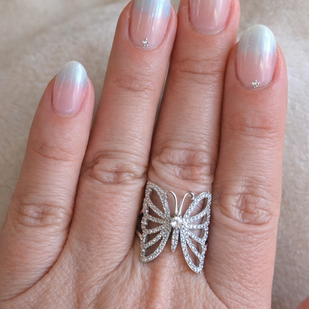 Silver Tone Butterfly Statement Ring Clear Cz Pav… - image 1